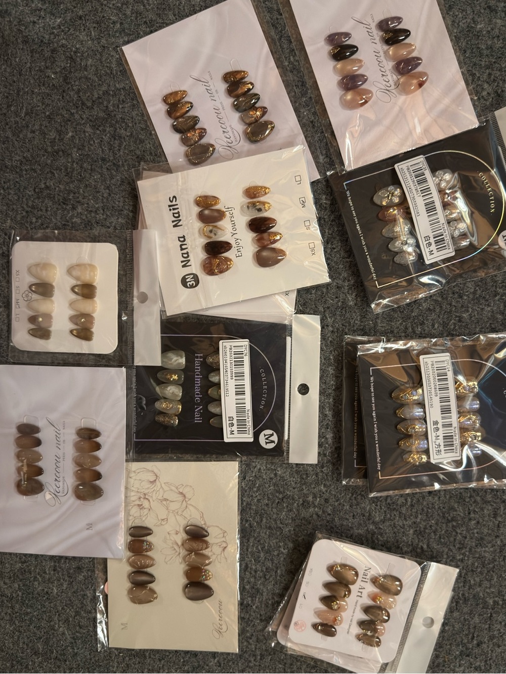 Bundle Lot 13 Handmade Press-On Nail Set Brown Size Med Short Length French 3-D